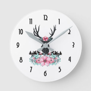 Black Deer Head w/ Pink Flowers & Mountains Runde Wanduhr