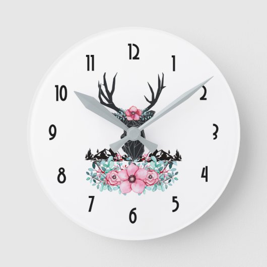 Black Deer Head w/ Pink Flowers & Mountains Runde Wanduhr (Vorderseite)