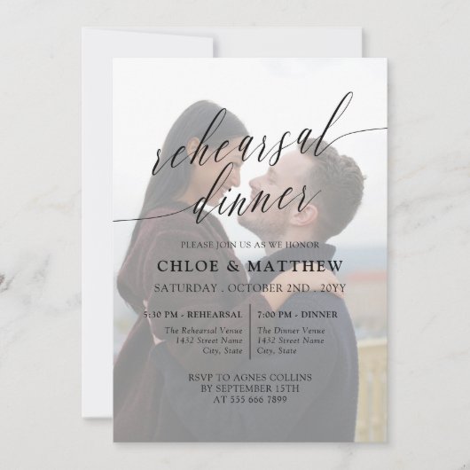 Black Delicate Calligraphy Foto Probe Dinner Einladung (Vorderseite)