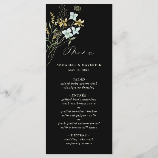 Black Delicate Wildblume Modern Boho Wedding Menükarte (Vorderseite)