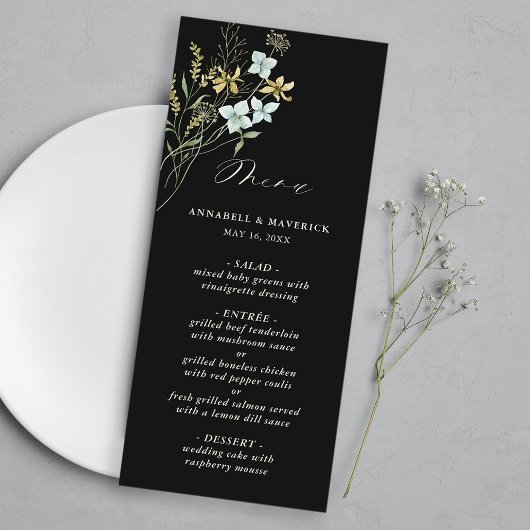 Black Delicate Wildblume Modern Boho Wedding Menükarte