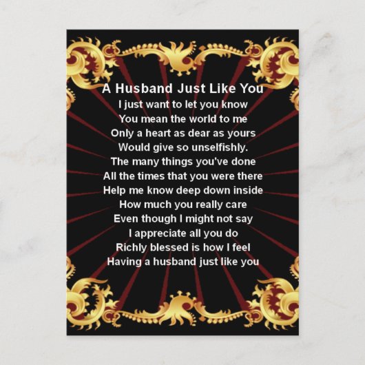 Black Design Husband Gedicht Postkarte (Vorderseite)