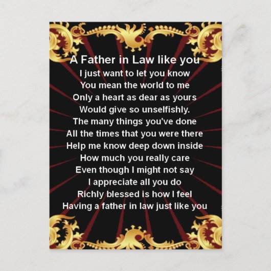 Black Design Vater in Law Gedicht Postkarte (Vorderseite)