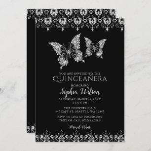 Black Diamante Lace Butterfys Quinceañera Einladung