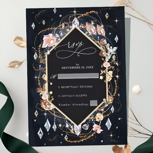 Black Diamond Decorated Luxury Wedding RSVP Karte