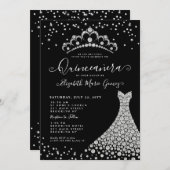 Black Diamond Silver Sparkle Tiara Quinceanera Einladung (Vorne/Hinten)
