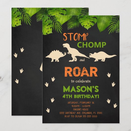 Black Dinosaur Birthday Invite Einladung (Vorne/Hinten)