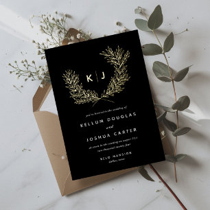 Black Distinguished Monogram Wedding Gold Folieneinladung