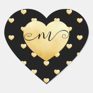 Black DIY Monogram Golden Herz-Aufkleber