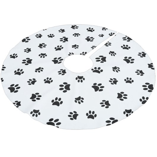 Black Dog Cat Paw Prints Muster Weiße Weihnachten Polyester Weihnachtsbaumdecke (Schrägansicht)
