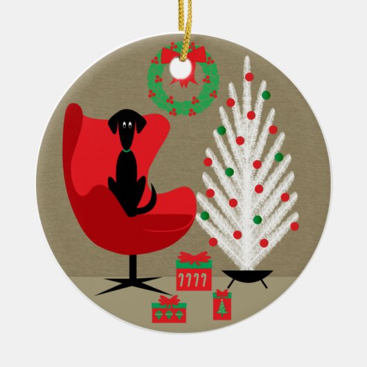 Black Dog in Mid Century Christmas Room Keramik Ornament (Vorne)