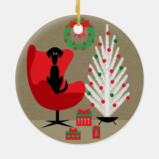 Black Dog in Mid Century Christmas Room Keramik Ornament (Hinten)