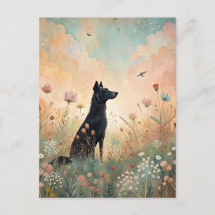 Black Dog Wiese Wildblumen Postkarte