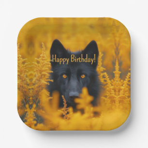 Black Dog Wolf mit Gold Eyes Happy Birthday Pappteller