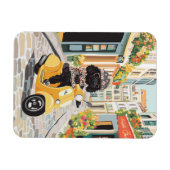 Black Doodle Riding Scooter European City Streets Magnet (Horizontal)