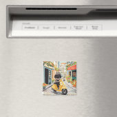 Black Doodle Riding Scooter European City Streets Magnet (In Situ (Geschirrspüler))