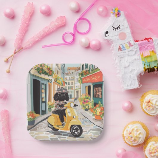 Black Doodle Riding Scooter European City Streets Pappteller (Party)