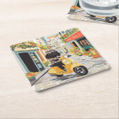 Black Doodle Riding Scooter European City Streets Rechteckiger Pappuntersetzer (angewinkelt)