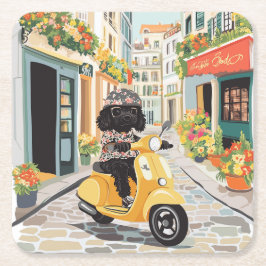 Black Doodle Riding Scooter European City Streets Rechteckiger Pappuntersetzer
