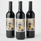 Black Doodle Riding Scooter European City Streets Weinetikett (Flaschen)