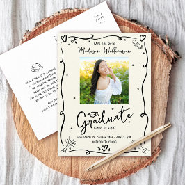 Black Doodles Graduation Save the Date Photo Cream Einladungspostkarte