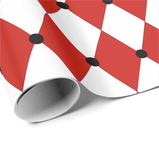 Black Dot Red und White Harlequin Geschenkpapier (Rolleneckpunkt)