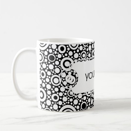 Black Dots & Circles Grid + Ihr Backgr. & Text Kaffeetasse (Links)