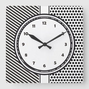 Black Dots & Stripes Grid + your backgr. & text Quadratische Wanduhr