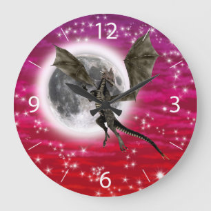 Black Dragon - Mythische Fantasie Kreatur Roter Hi Große Wanduhr