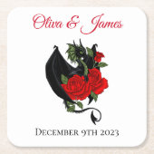 Black Dragon Rote Rosen Fantasy Wedding Rechteckiger Pappuntersetzer (Vorderseite)
