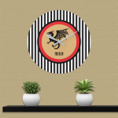Black Dragon with Monogram n Black White Stripes   Große Wanduhr