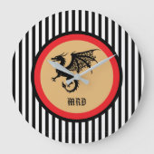 Black Dragon with Monogram n Black White Stripes   Große Wanduhr (Vorderseite)