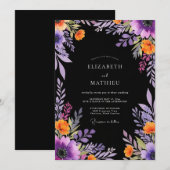 Black Dramatic Botanical Wedding Einladung (Vorne/Hinten)