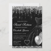 Black Dress and Silver Dripping Glitzer Sweet 16 Einladung (Vorderseite)