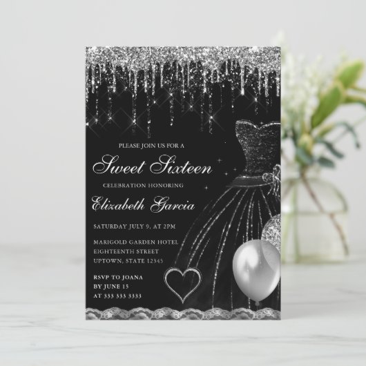 Black Dress and Silver Dripping Glitzer Sweet 16 Einladung (Stehend Vorderseite)