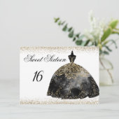 Black Dress Gold Glitzer Sweet 16 Einladung (Stehend Vorderseite)