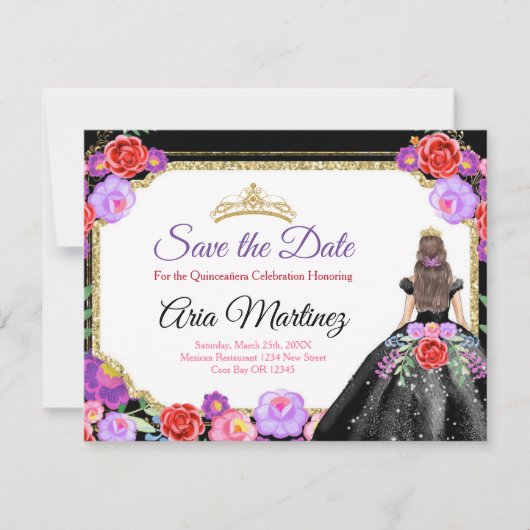 Black Dress Quinceañera Save the Date mexikanische Dankeskarte (Vorderseite)