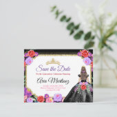 Black Dress Quinceañera Save the Date mexikanische Dankeskarte (Stehend Vorderseite)