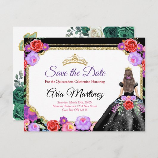 Black Dress Quinceañera Save the Date mexikanische Dankeskarte (Vorne/Hinten)