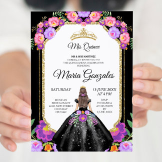 Black Dress & Rose Mis Quince Einladung