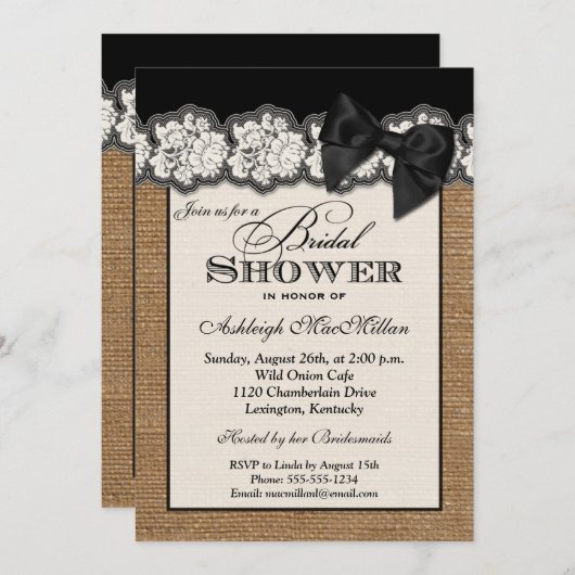 Black DRUCTED BOW Burlap Lace Brautparty laden Einladung (Vorne/Hinten)