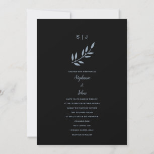 Black Dusty Blue Leaf Monogram Wedding 2024 Einladung