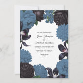 Black & Dusty Blue Photo/QR Code Floral Wedding Einladung (Vorderseite)