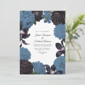 Black & Dusty Blue Photo/QR Code Floral Wedding Einladung (Stehend Vorderseite)