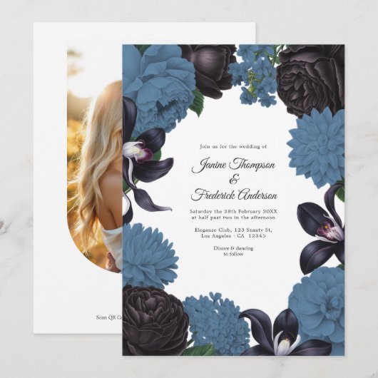 Black & Dusty Blue Photo/QR Code Floral Wedding Einladung (Vorne/Hinten)