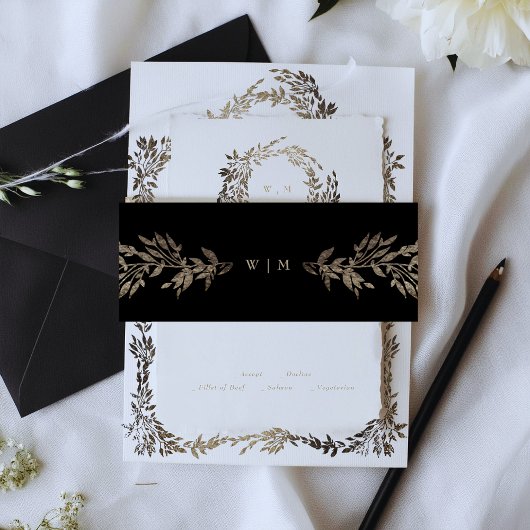Black Ebony Botanical Gold Monogram Wedding Einladungsbanderole