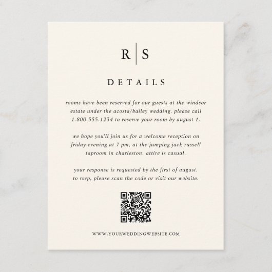 Black & Ecru Monogram Wedding QR Code Begleitkarte (Vorderseite)