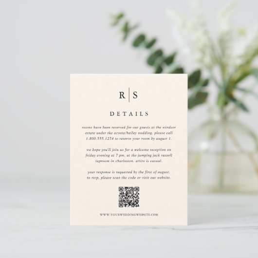 Black & Ecru Monogram Wedding QR Code Begleitkarte (Stehend Vorderseite)