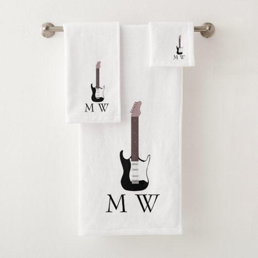 Black Electric Guitar Design Monogrammed Badhandtuch Set (Insitu)