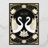 Black Elegant Art Nouveau Swans Wedding Folieneinladung (Rückseite)